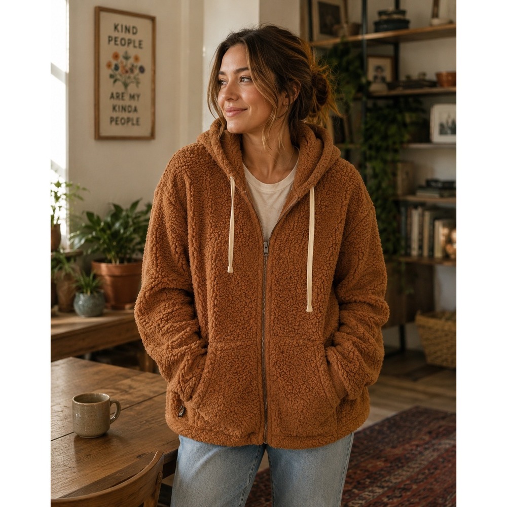American Eagle Women's  Brown Sherpa Full Zip Hooded Jacket Size L Warm Cozy